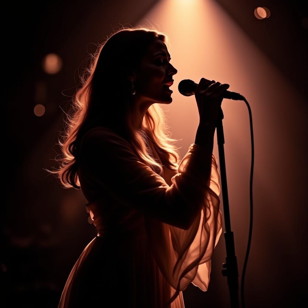 Woman Singing on Stage in Dramatic Light