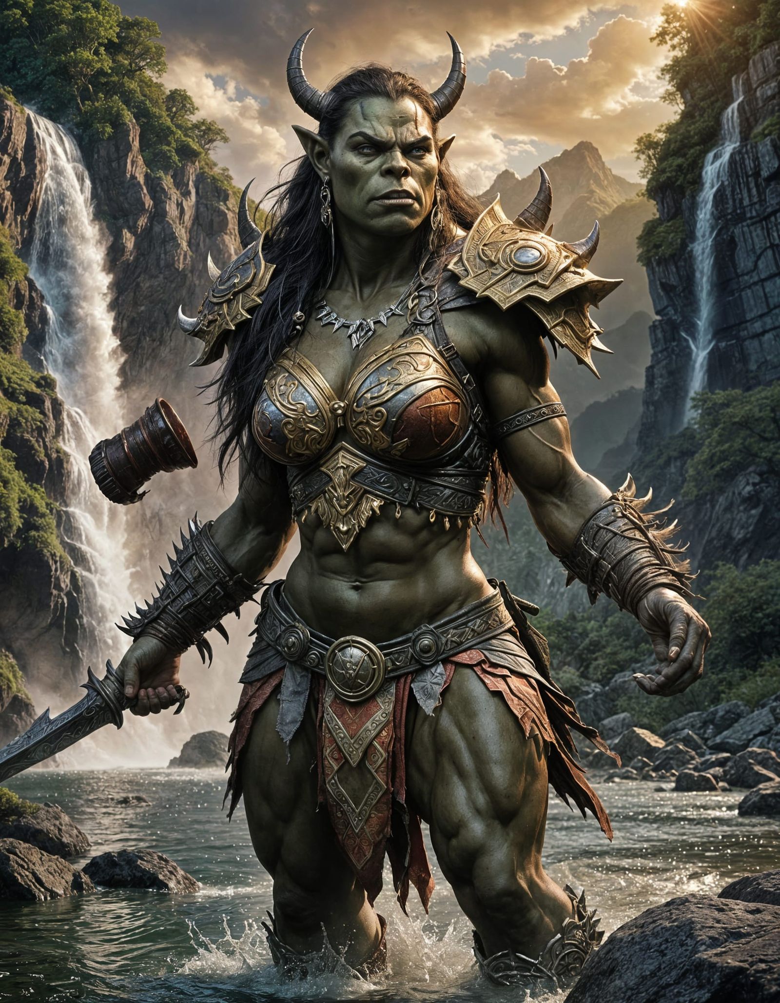 Muscular Orc Warrior Bathes in Lake, Fantasy Art