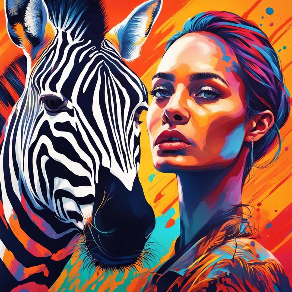 Woman and Zebra in Hyperrealistic Splash Art
