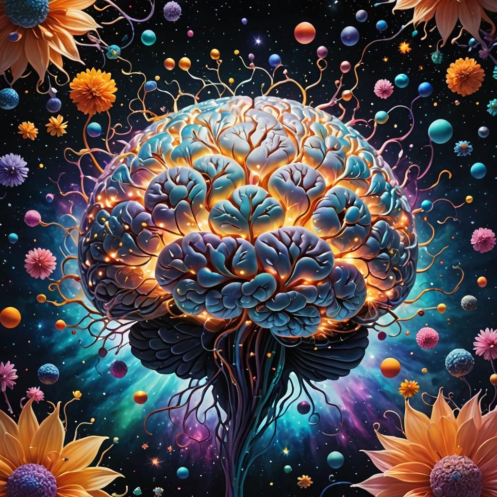a brain that is like a blowing (bioluminescense_flowers:1.1)...