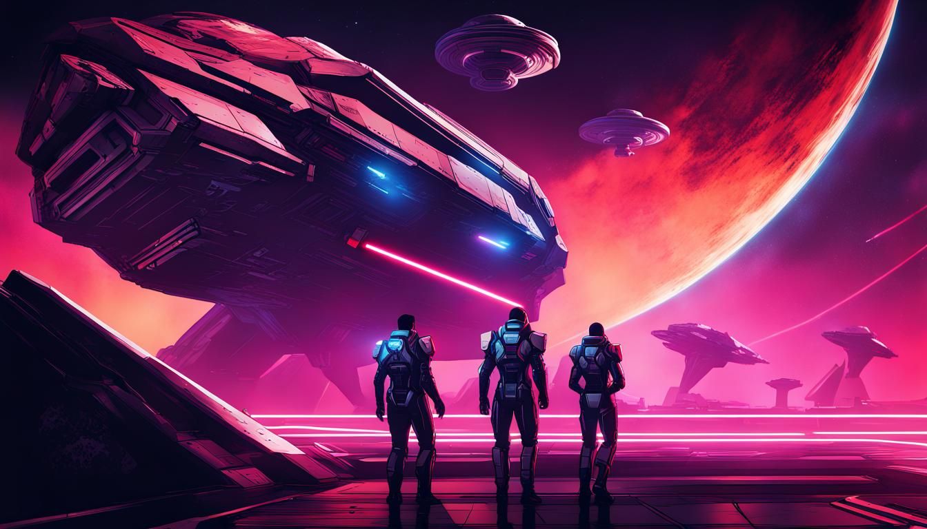 Commander Shepard on Omega Station in Synthwave Style