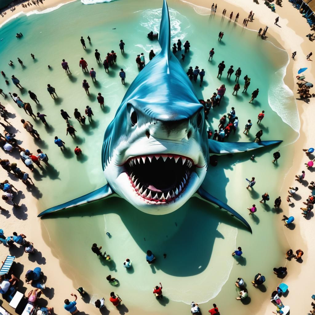 Shark Looms Over Selfie Tourists: 3D Render