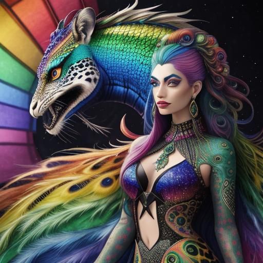 Rainbow Dragon Woman: Holographic Cosmic Illustration