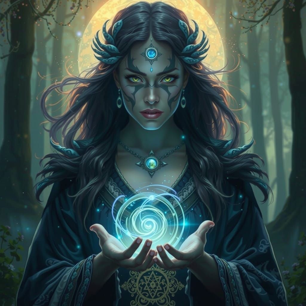 Mystical Sorceress Weaves Celestial Energy