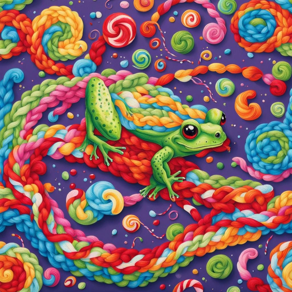Knitted Frog Licking Kite in Gouache Wonderland