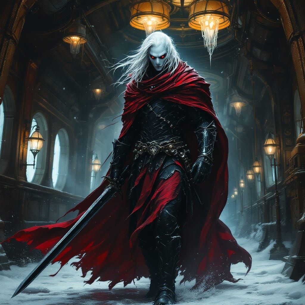 Albino Drow Warrior in Steampunk Airship Hallway