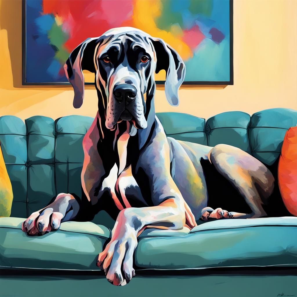 Colorful Great Dane Relaxing on a Couch