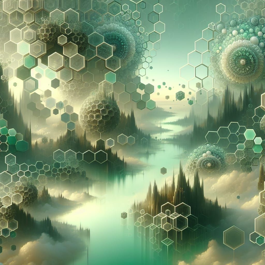 Ethereal Hexagon Dreamscape in Double Exposure: Matte Painti...