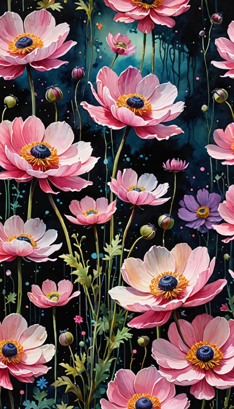 Pink Anemone Flowers in Alcohol Ink Painting