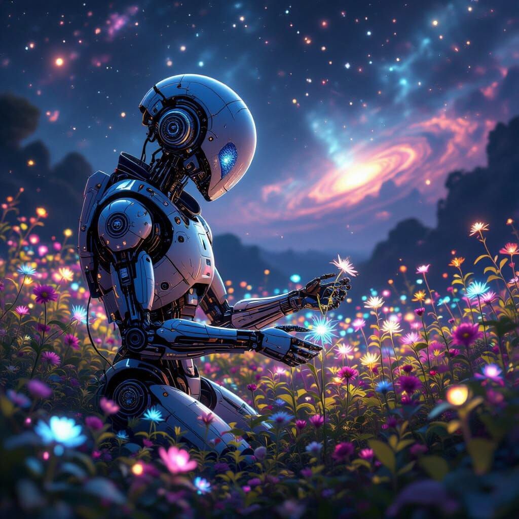 Automaton Tends Bioluminescent Garden on Distant Planet