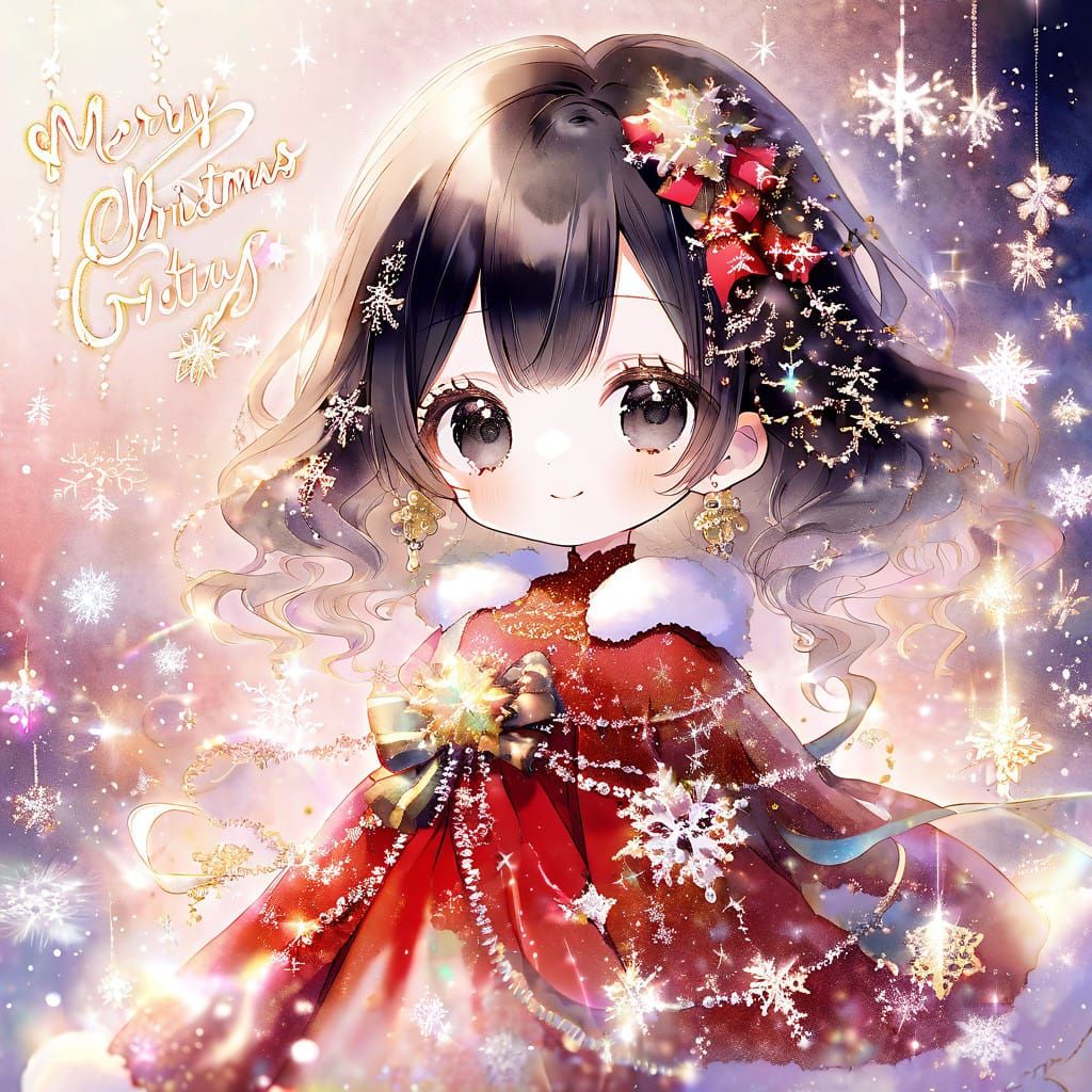Whimsical Christmas Chibi Girl in Elegant Red Dress