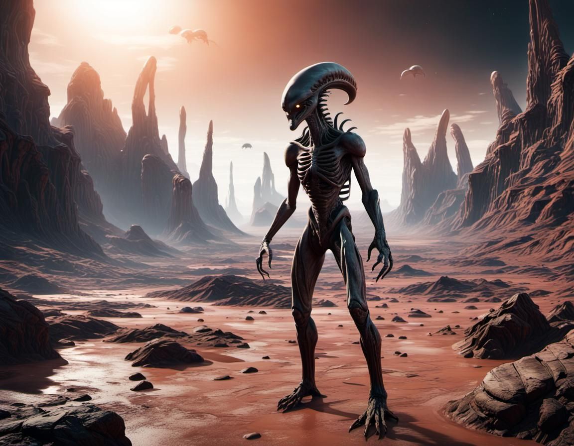 Alien Xenomorph on Barren Planet: Detailed Matte Painting