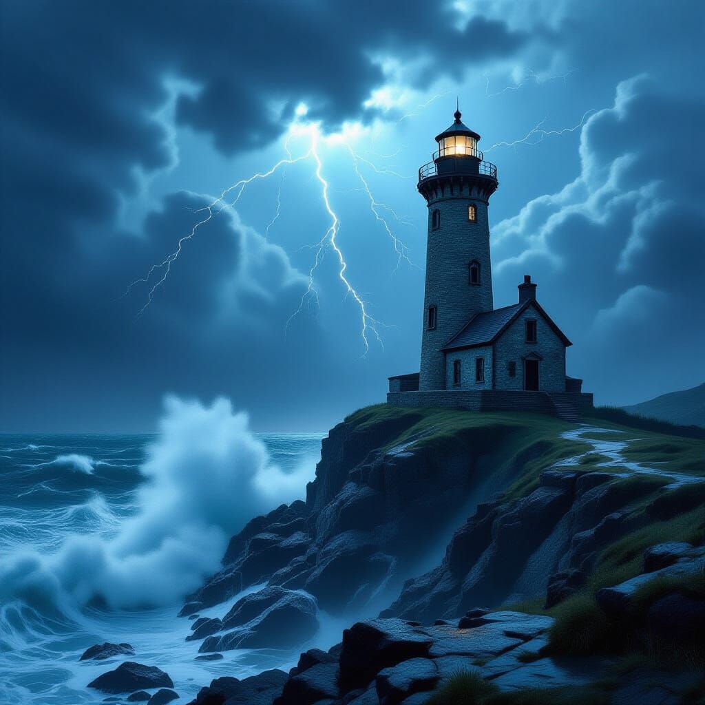 Stormy Lighthouse on Jagged Cliffs in Dark Fantasy Concept A...