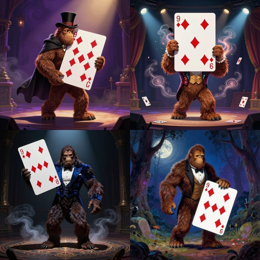 Bigfoot Magician Holds Jumbo 9 of Diamonds Card