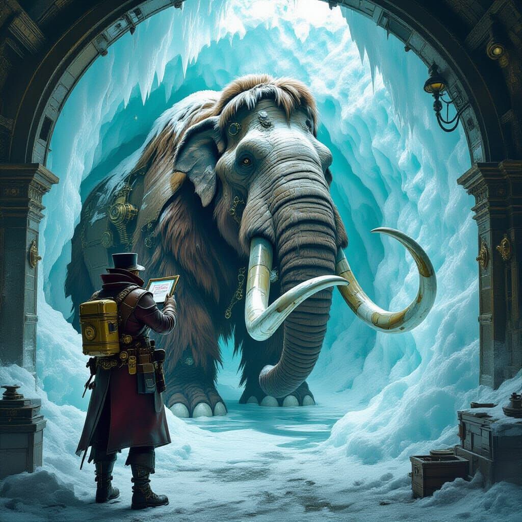 Steampunk Doctor and Frozen Mammoth in Surreal Biopunk Scene