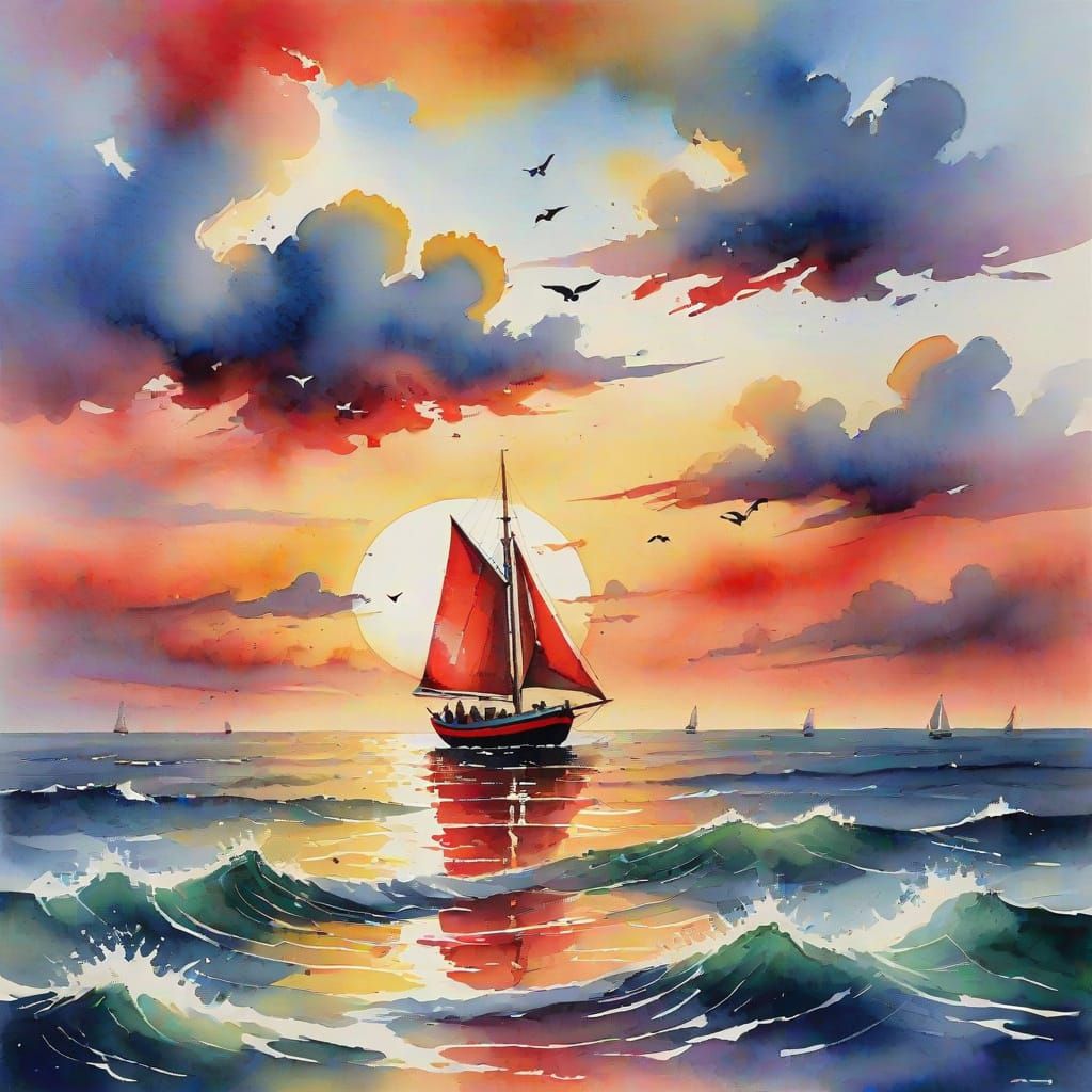 Sunset Sailboat Scene in Watercolor Style