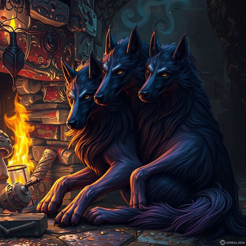 Surreal Dark Fantasy Multi Headed Dog Concept Art in Deep Co...