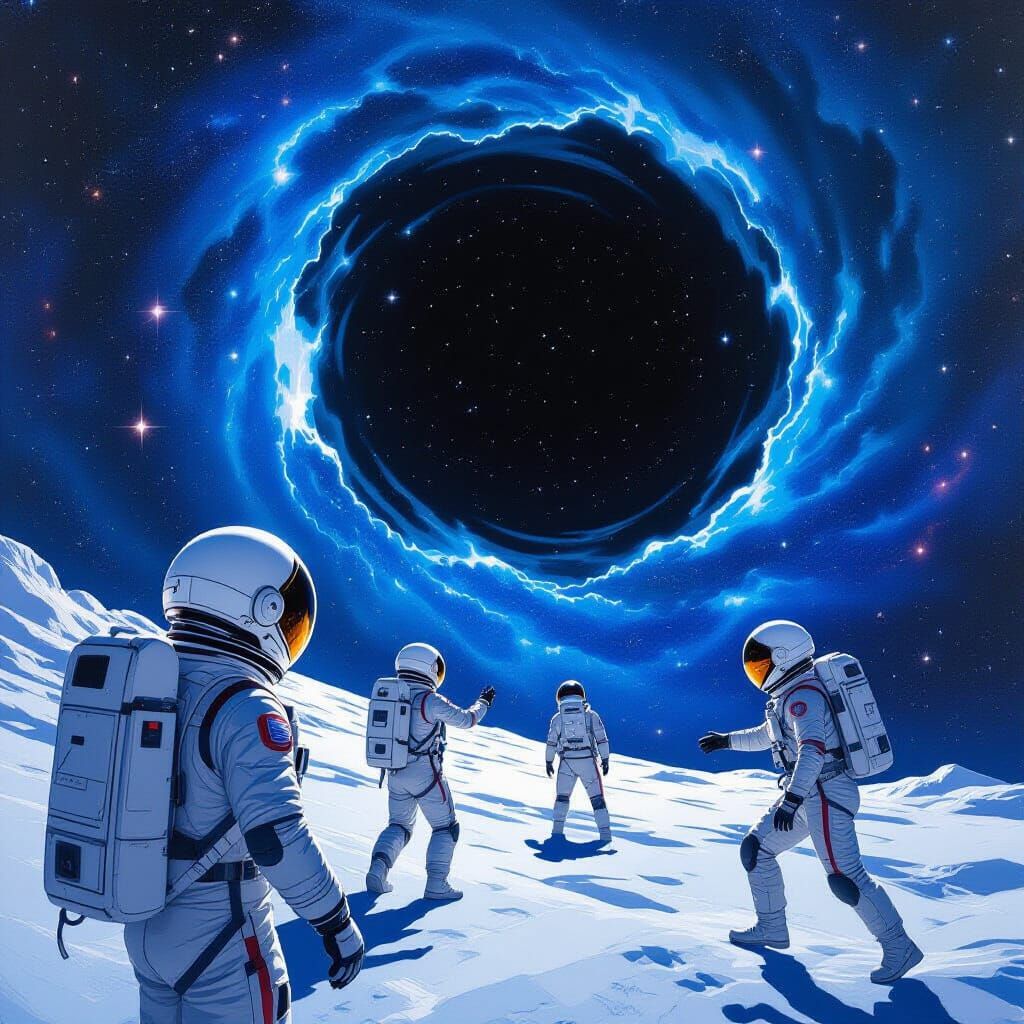 Astronauts Approaching a Black Hole in Retro-Futuristic Styl...