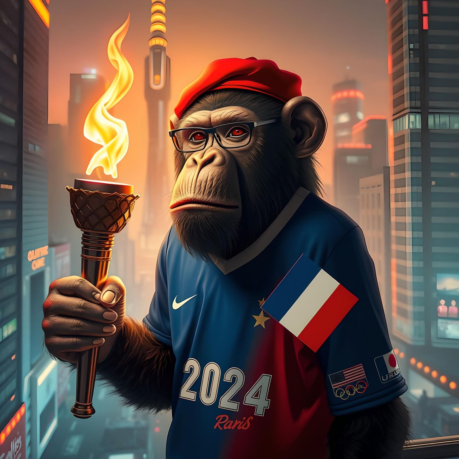 Cyberpunk Ape with French Flag and Olympic Flame
