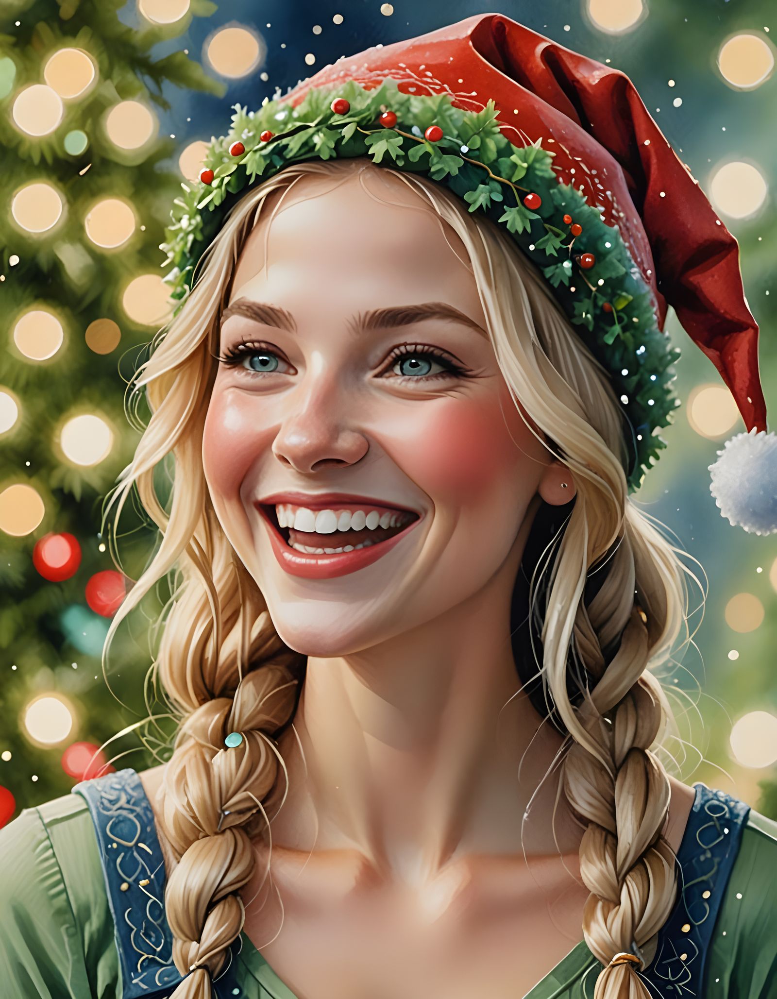 Happy Woman in Christmas Elf Hat, Watercolor Portrait