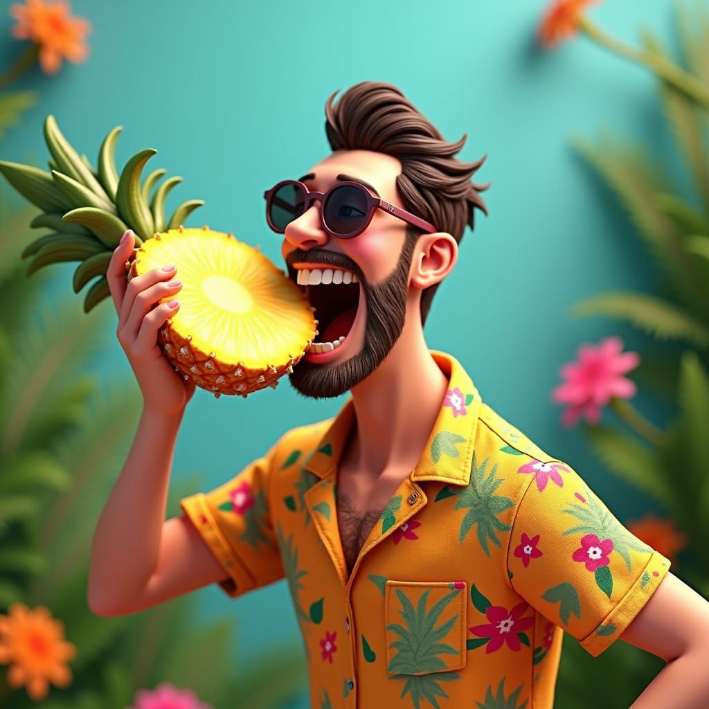 Man Bites Pineapple in Playful 3D Rendering