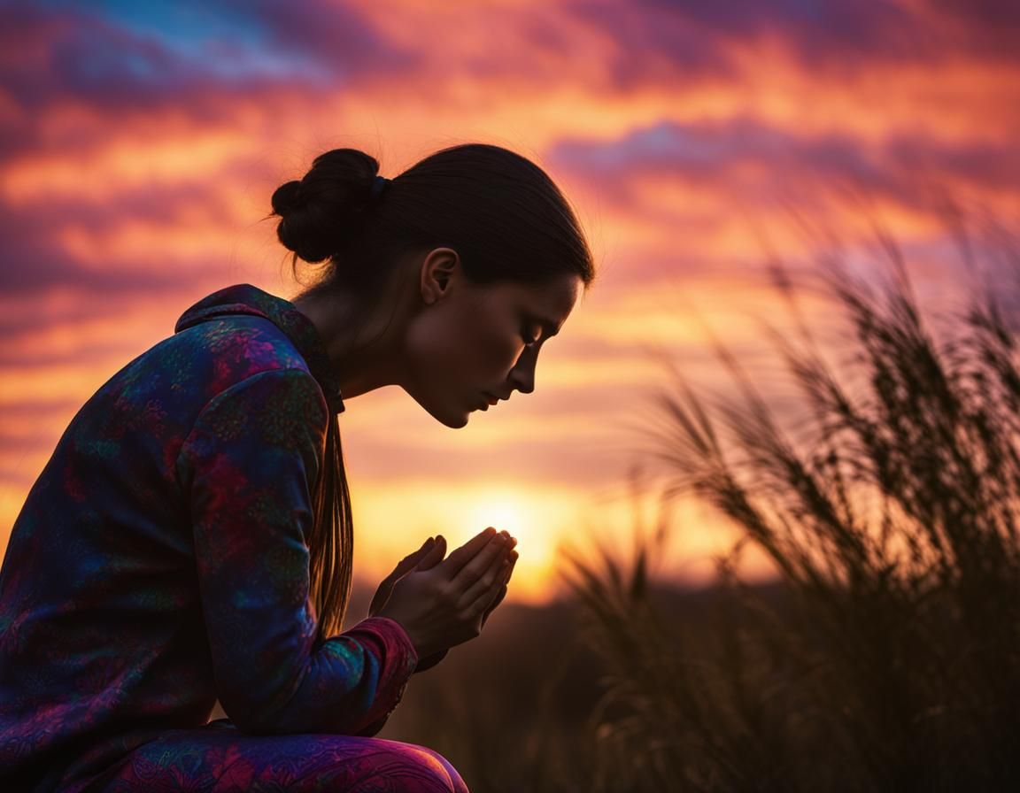 Woman Praying Silhouetted Against Colorful Sky