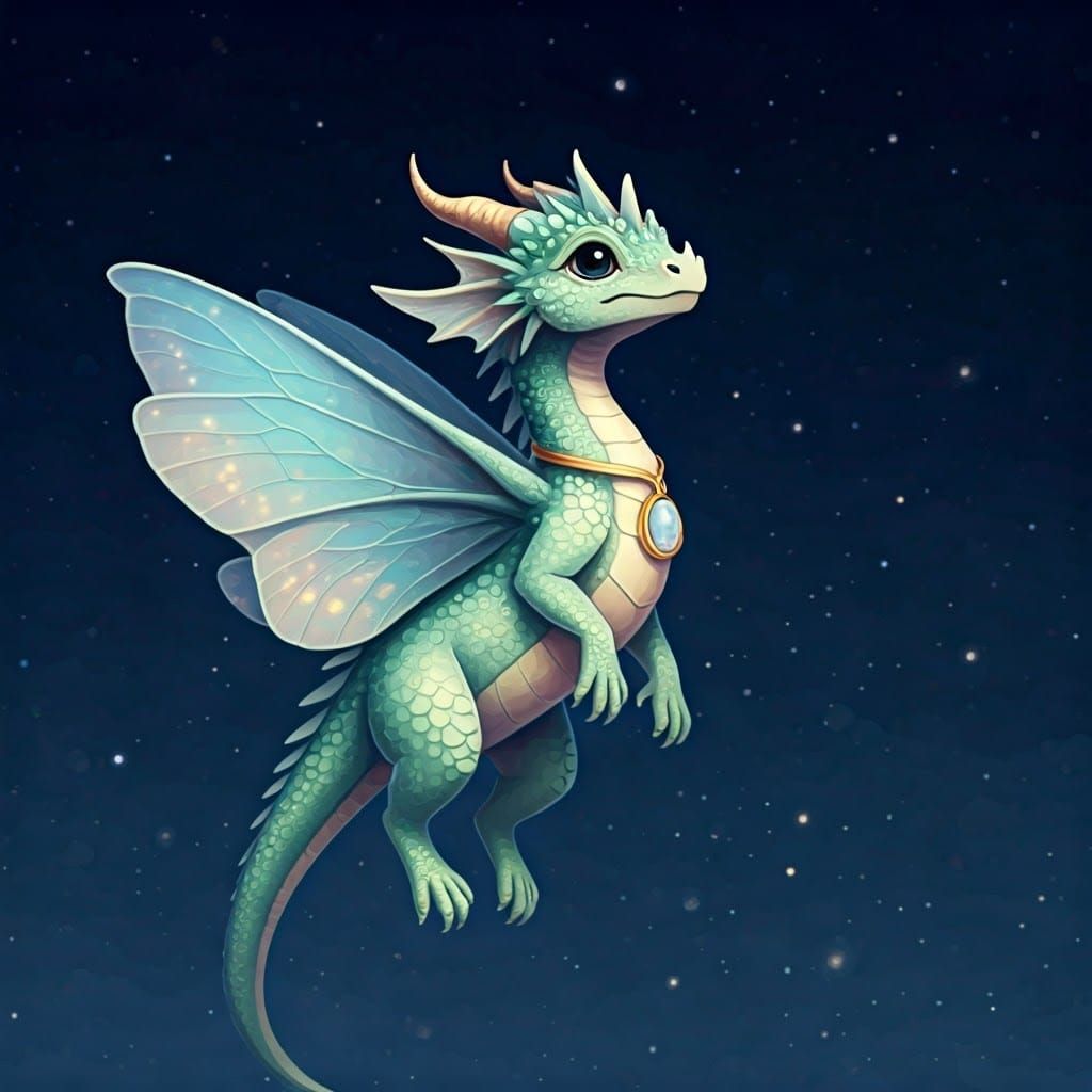 Green Dragon Soaring in Celestial Night Sky