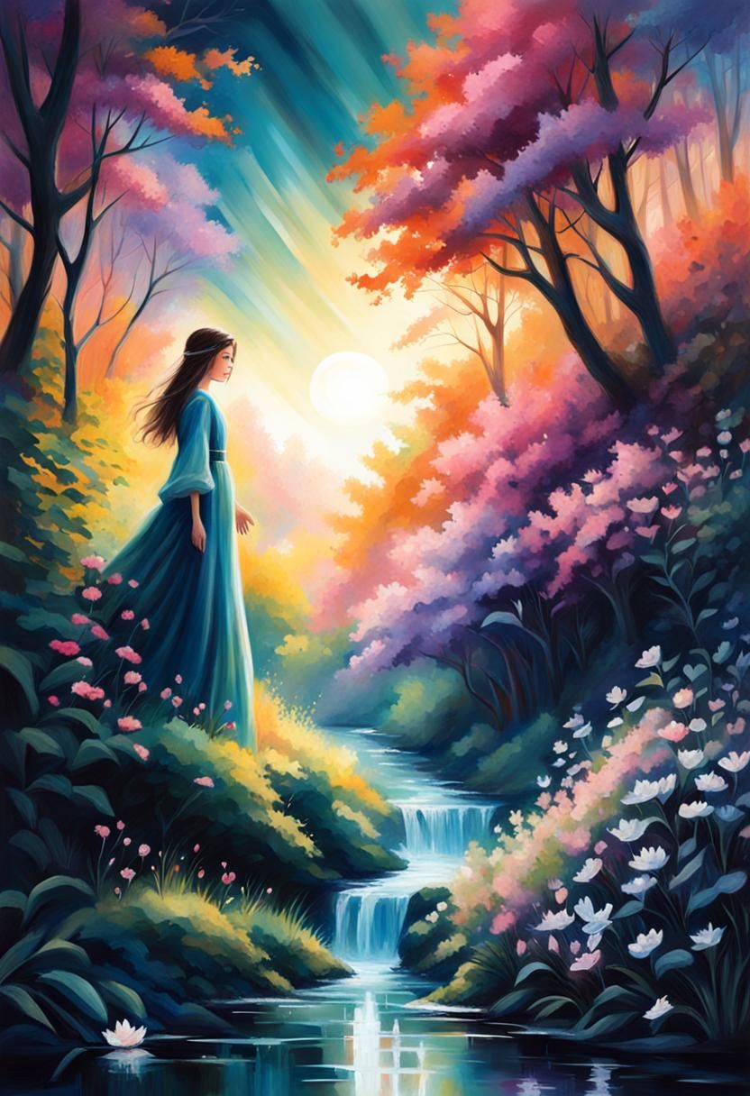 Forest River Scene with Woman in Gown