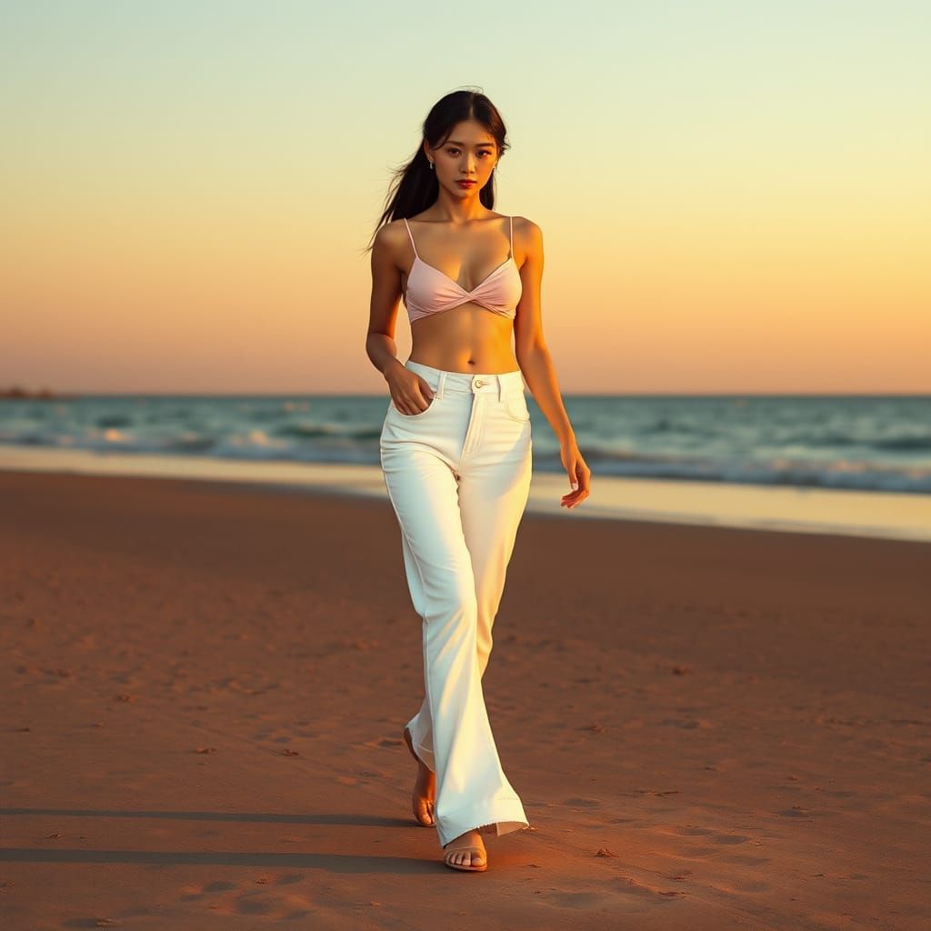 Elegant Woman on Beach at Sunset, Photorealistic Style