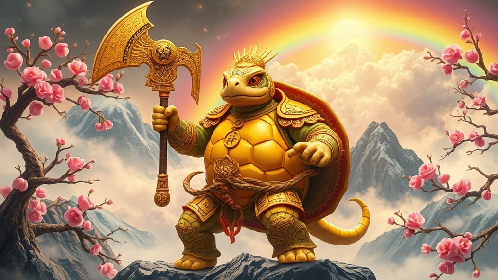 Golden Turtle Warrior in Cosmic Mountainscape
