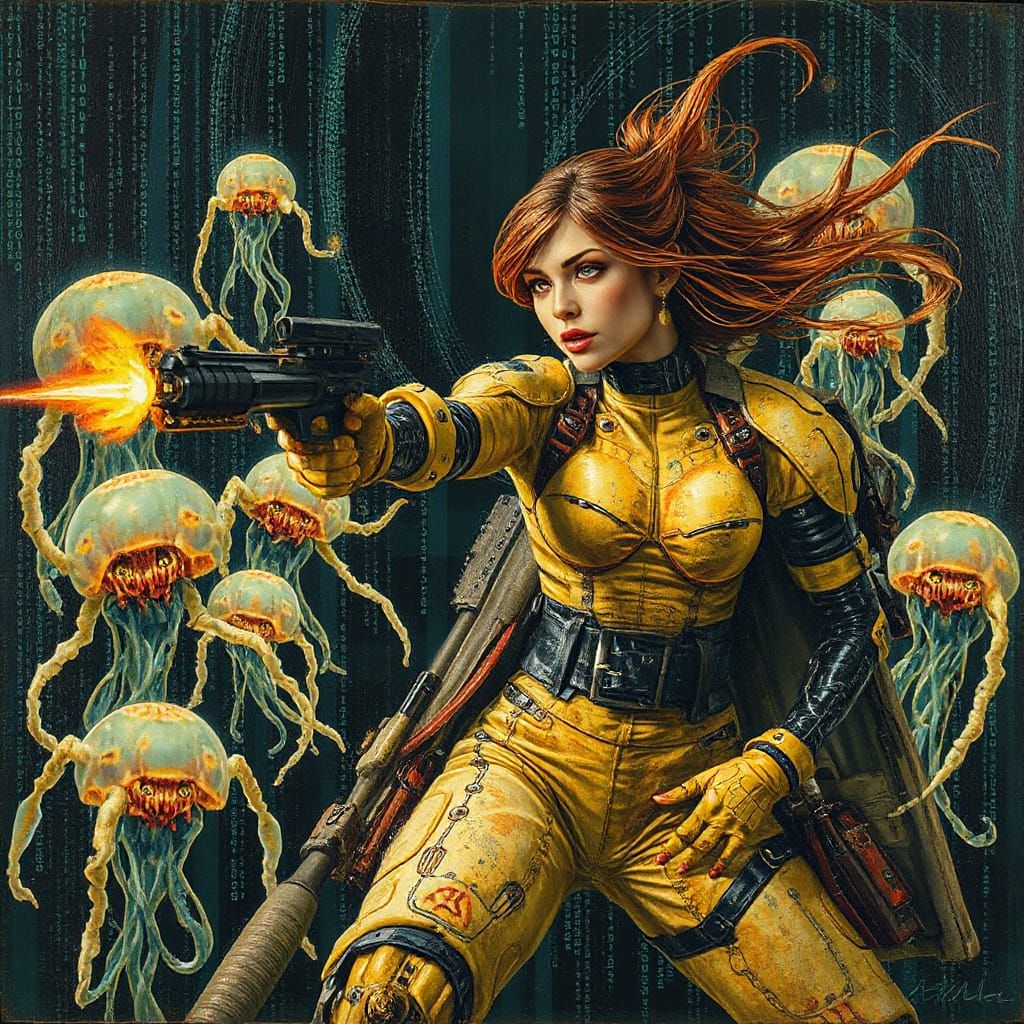 Cyborg Woman Leads Galactic Forces in Encaustic Portrait