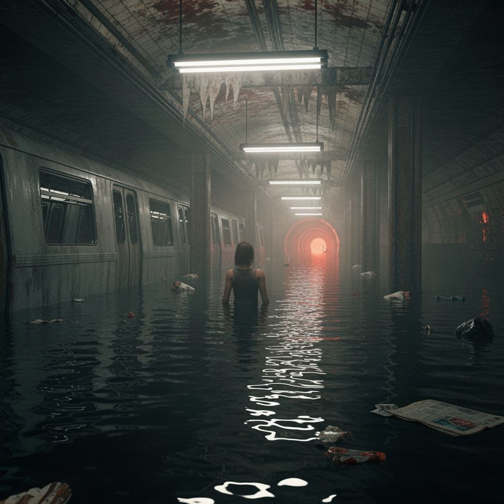 Flooded Subway Station with Eerie Lighting