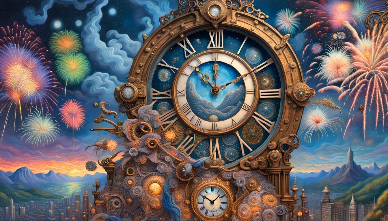 A Spectacular Symphony of Time: The Enchanting Giant Steampunk Clock Illuminating a Futuristic Cityscape in a Mesmerizin...