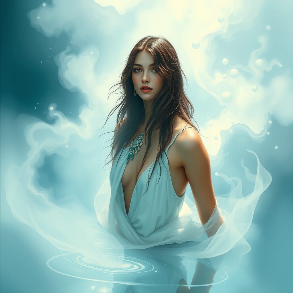 Elegant Woman in Soft Mist, Aqua Blue and Turquoise Hues