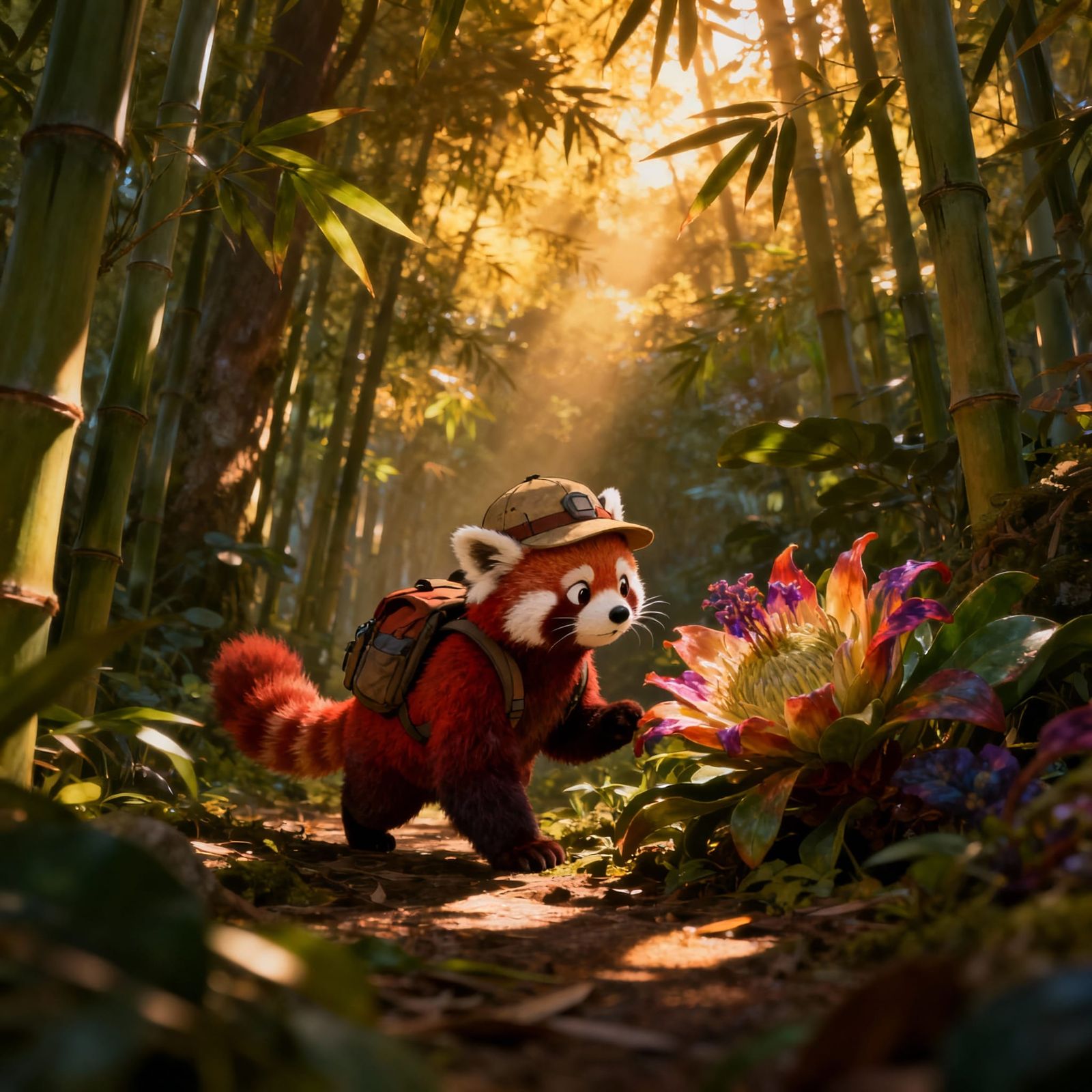 Red Panda Explorer in Bamboo Forest with Exotic Flower