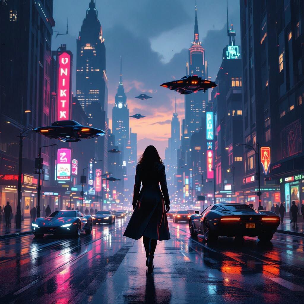 Retro-Futuristic Cityscape at Dusk in Cyberpunk Style