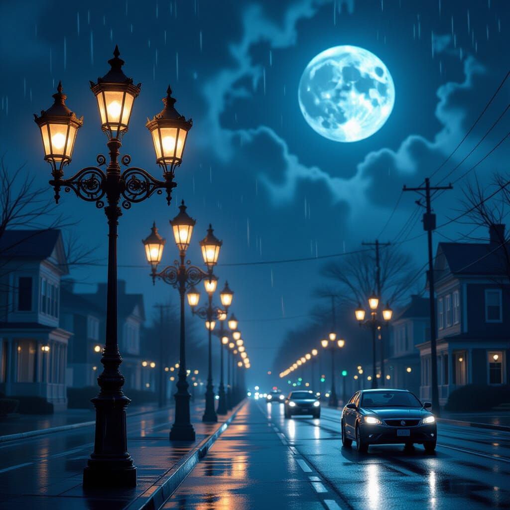 Darkly Lit Street with Intricate Streetlights
