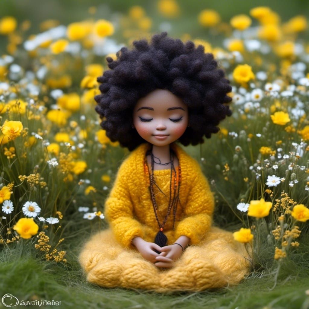 Woolen Doll Meditating Among Flowers