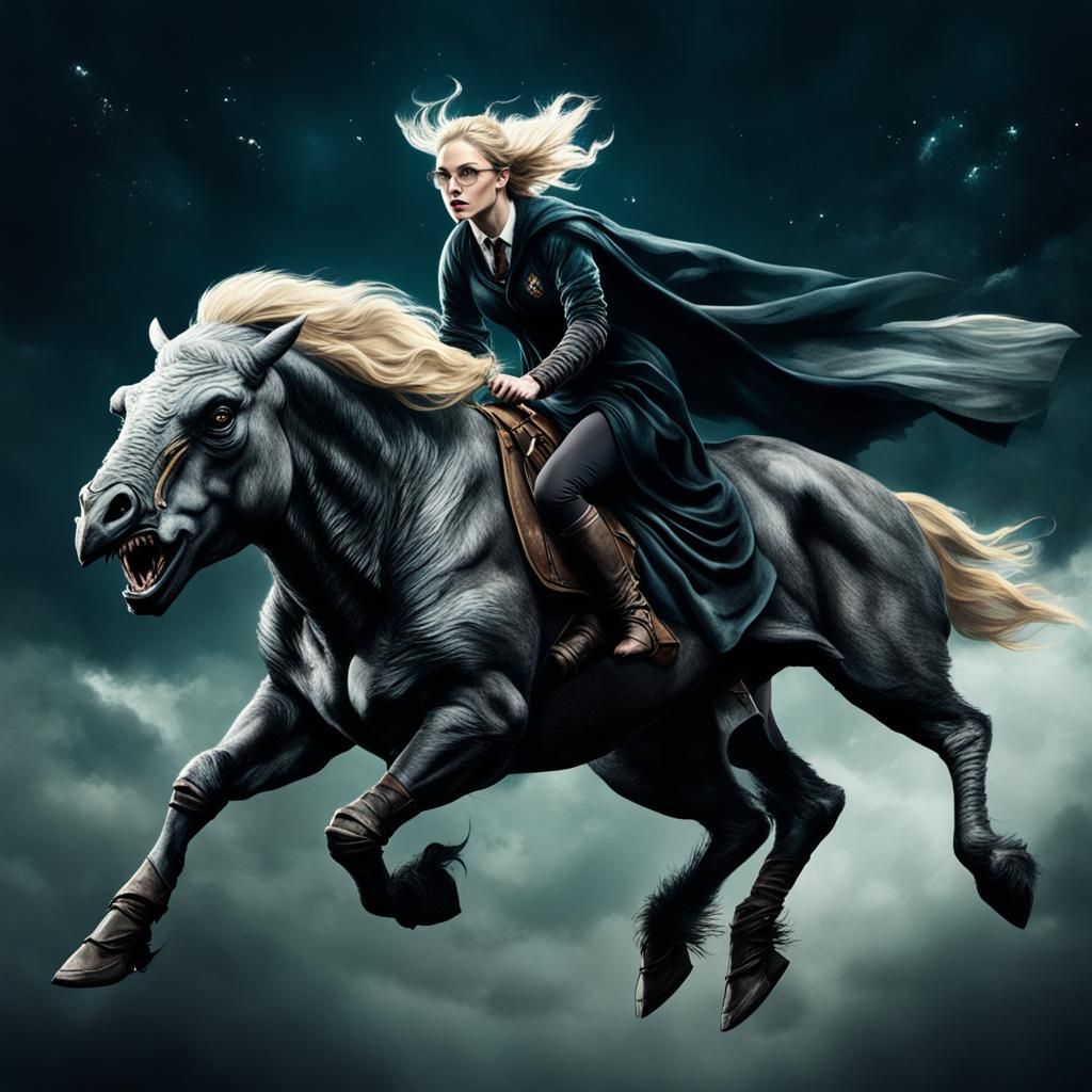 Woman Rides Giant Hippogriff in Fantasy Scene