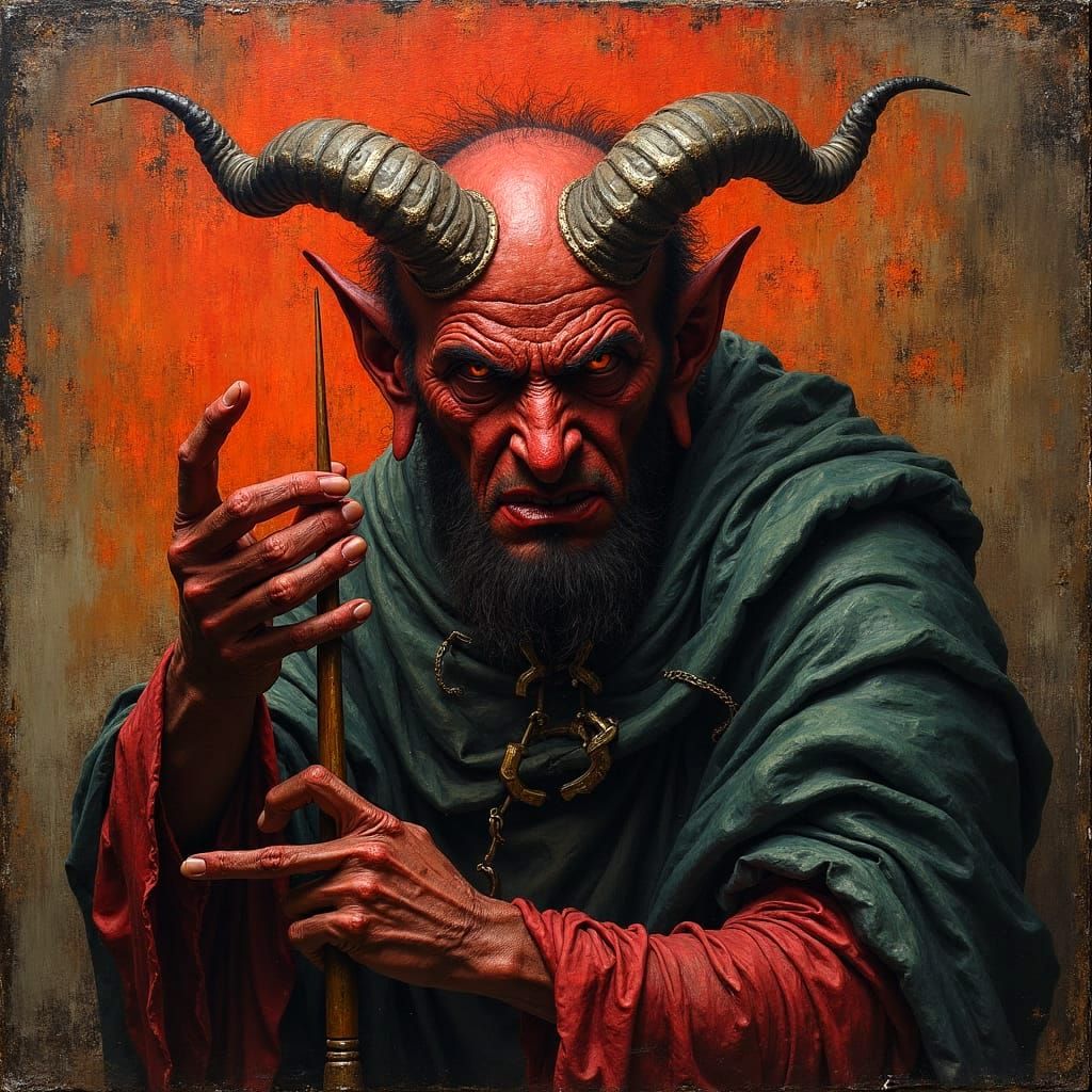 Medieval Devil in Grotesque Oil Painting