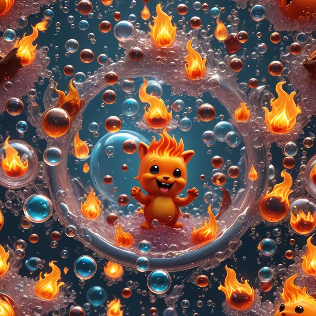 Adorable Fire Flame in Bubble Bath, Detailed Art