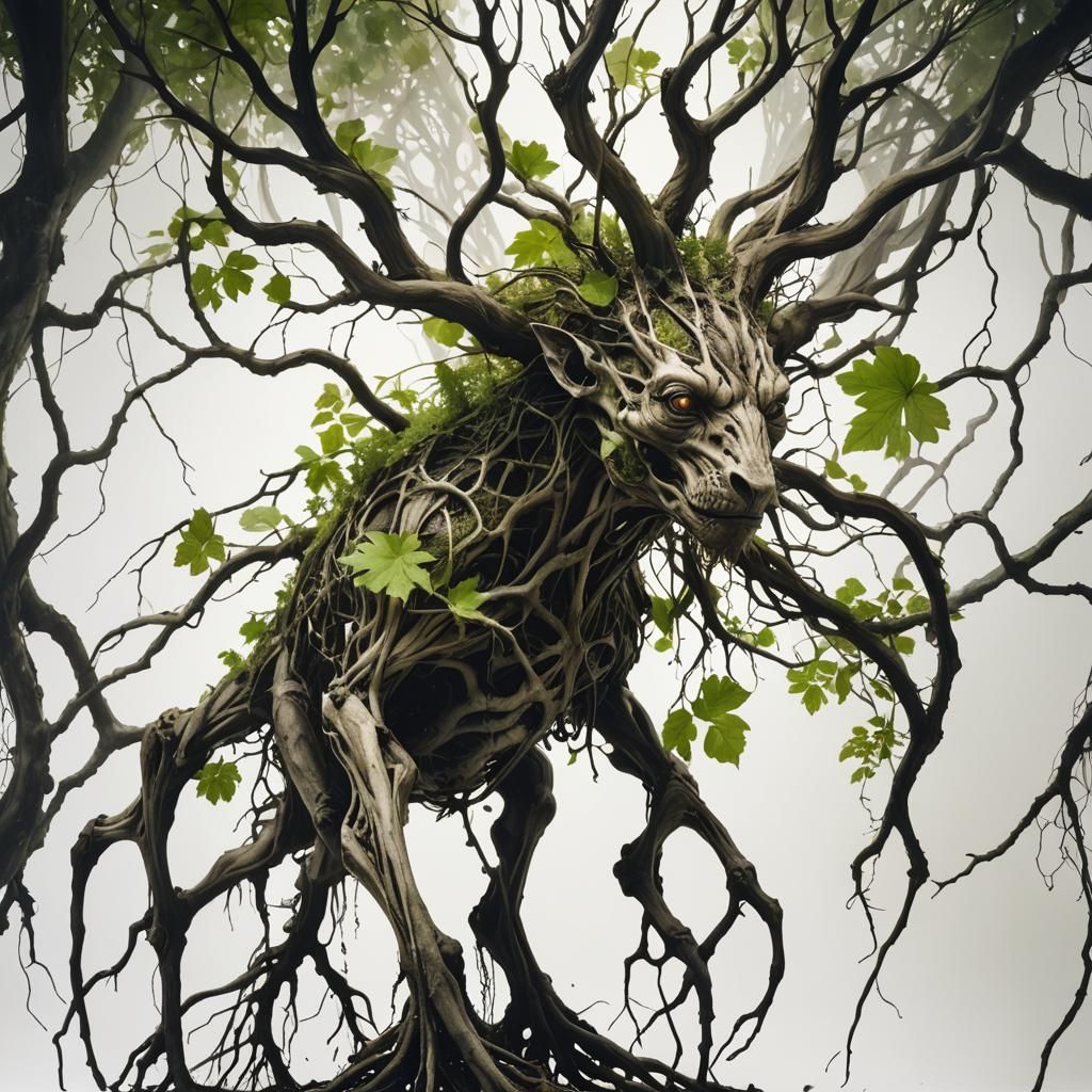 Surreal Root Creature in Dystopian Cityscape