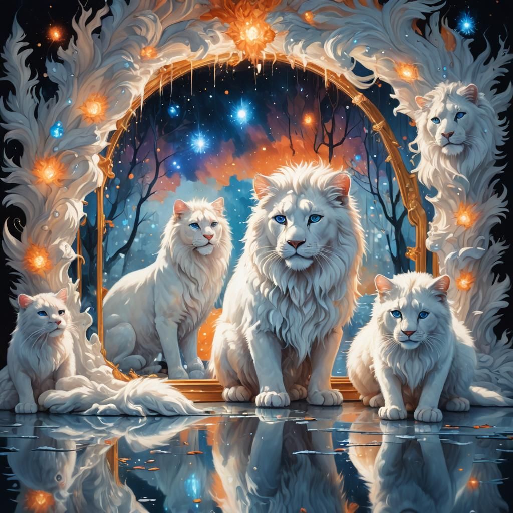 Cat and Lion Reflection in Surreal Oil Painting