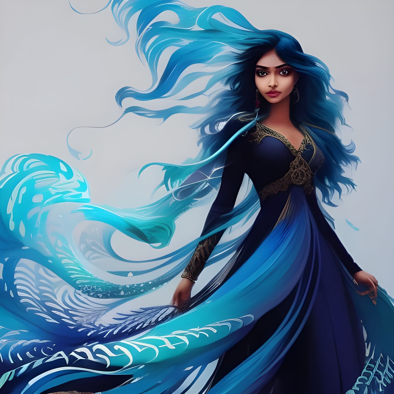 Hindi Girl with Blue Hair: Liquid Gouache Painting