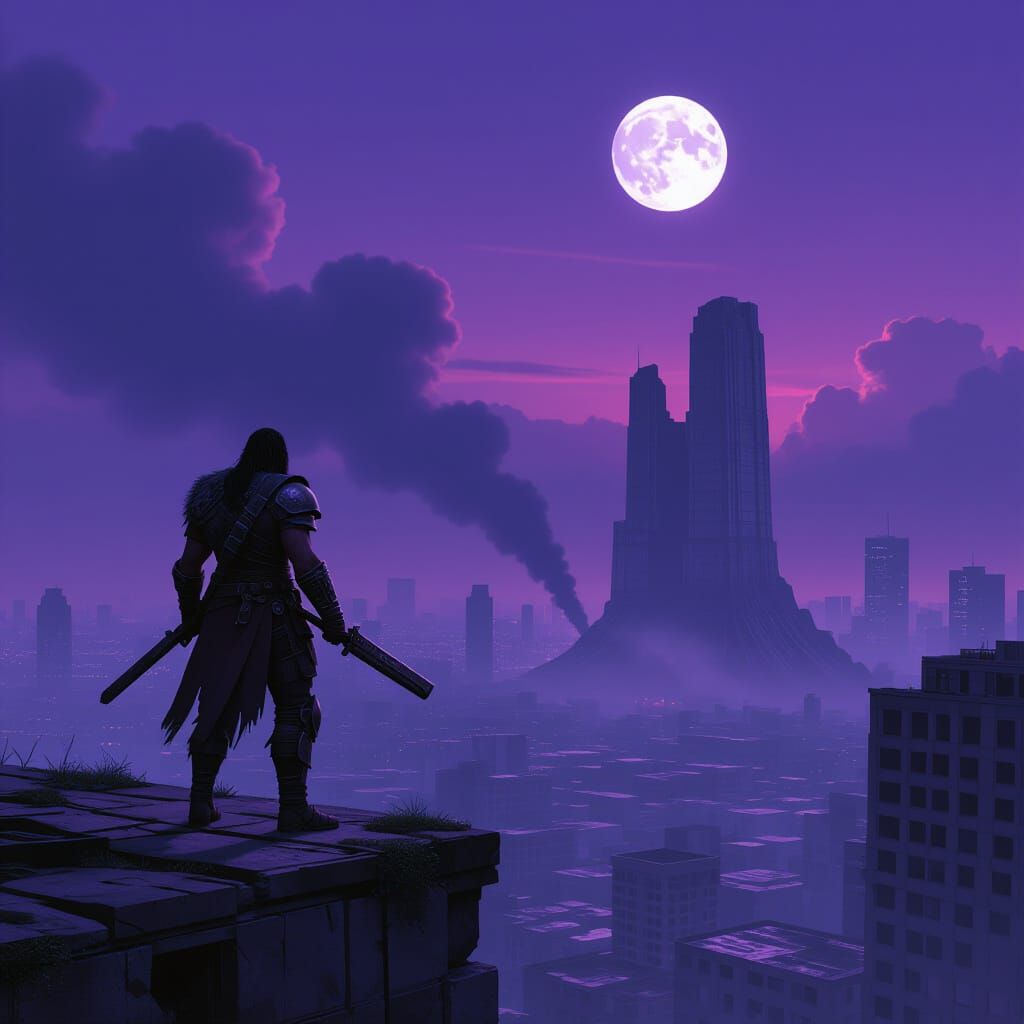 Barbarian Warrior on Skyscraper Overlooking Ruined City