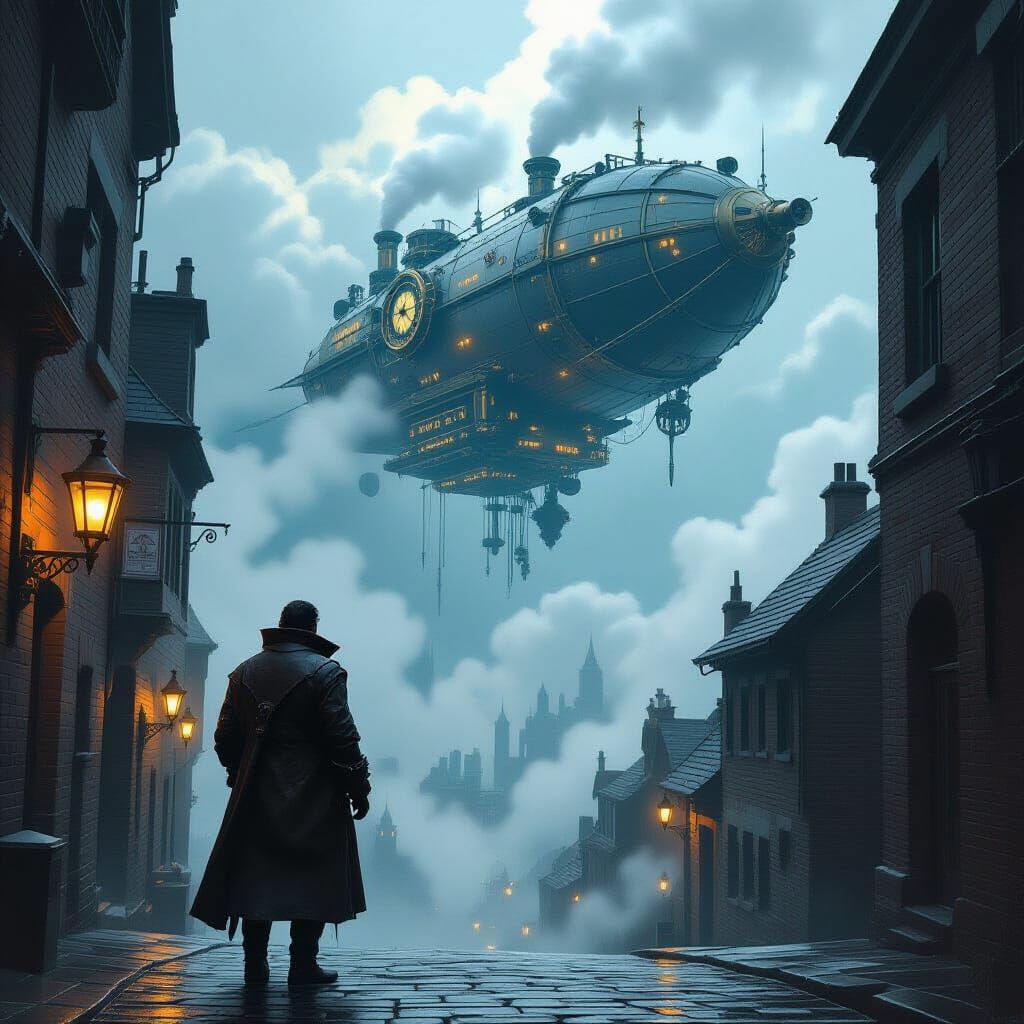 Airship Captain Gazes at Clockwork City in Clouds