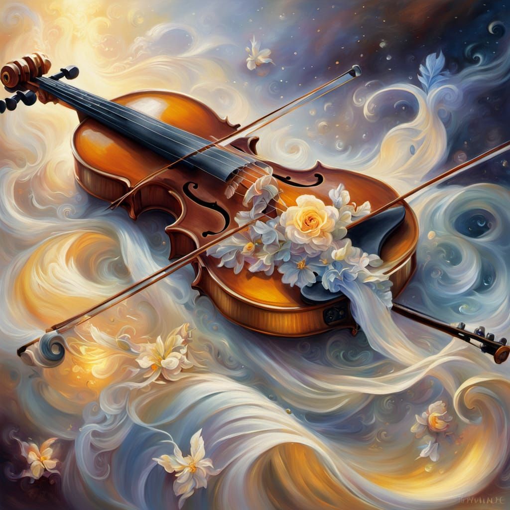 Celestial Violin: Ethereal Oil Painting in Dreamy Light