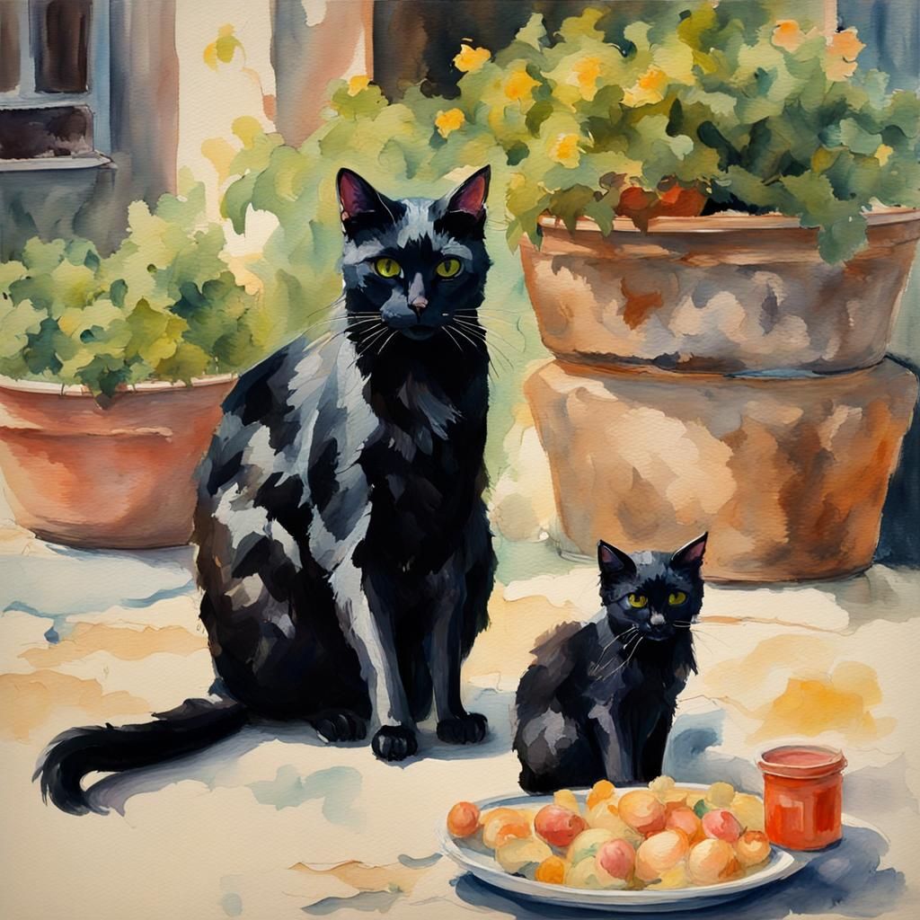 Black Cat Family in Gouache Watercolor Style