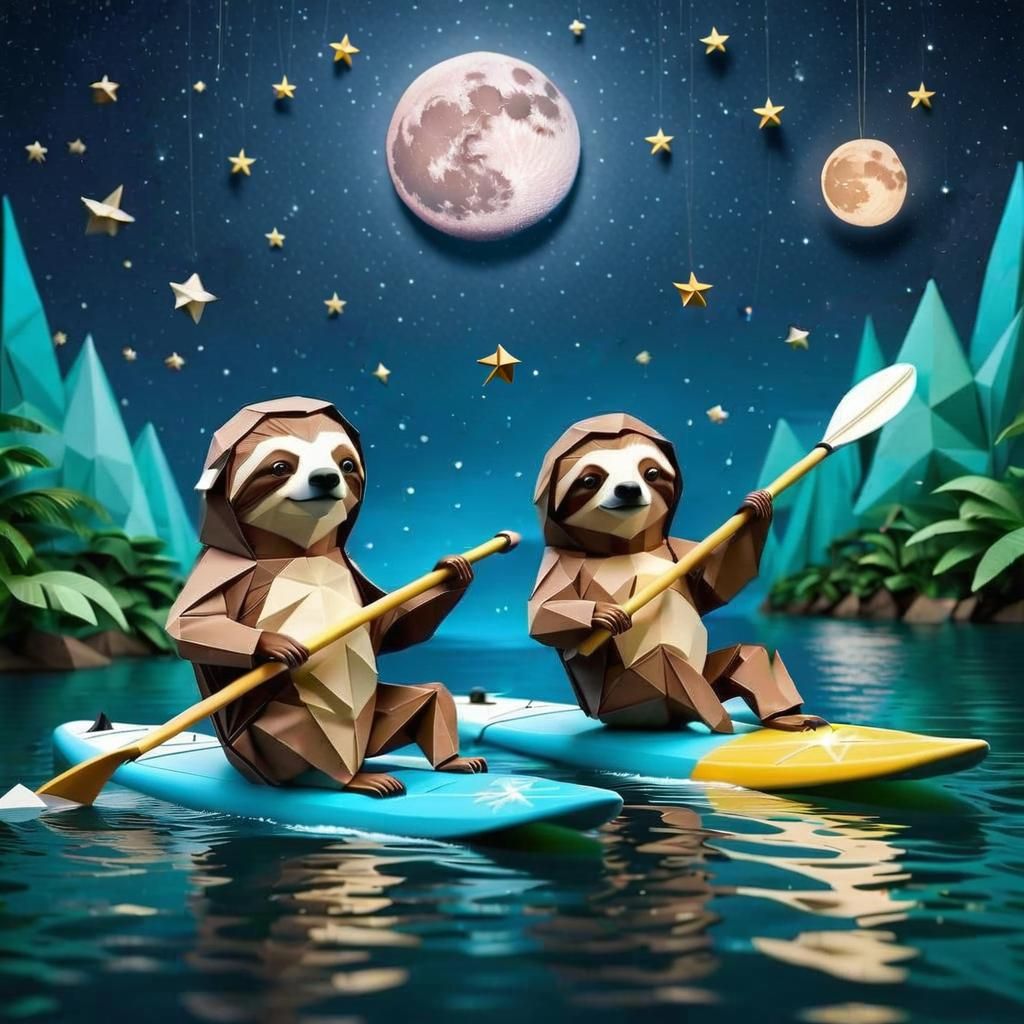 Sloths Paddleboarding Under Origami Moon