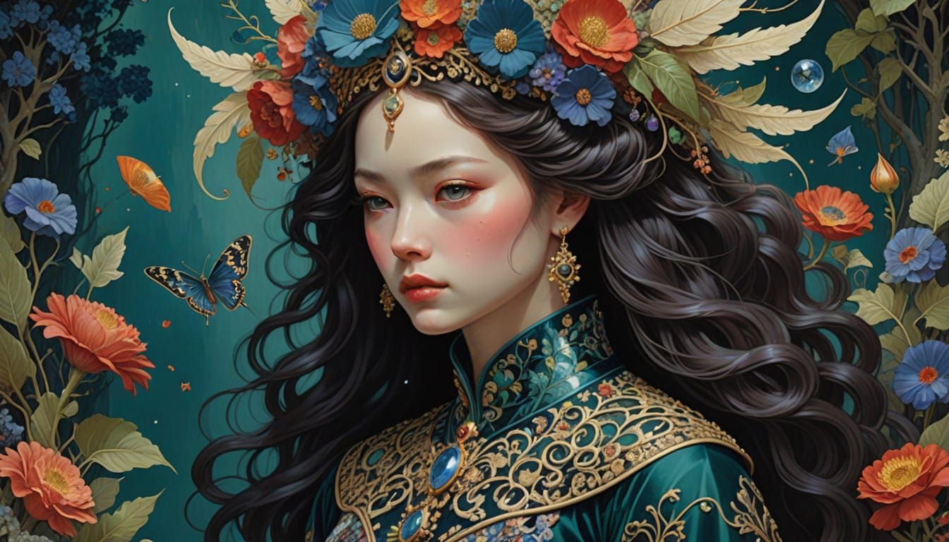 Queen of Faerie Land in Elaborate, Nature-Inspired Gown with...